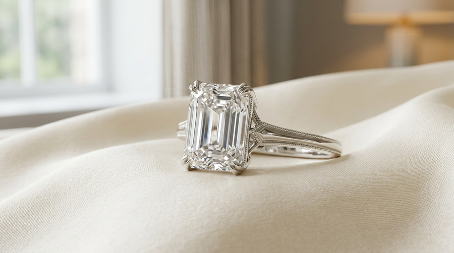2 carat emerald cut lab grown diamond engagement ring in 14k white gold Art Deco solitaire on cream silk