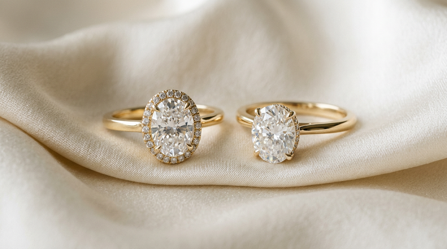 Classic halo vs hidden halo lab grown diamond engagement rings side by side for comparison in yellow gold