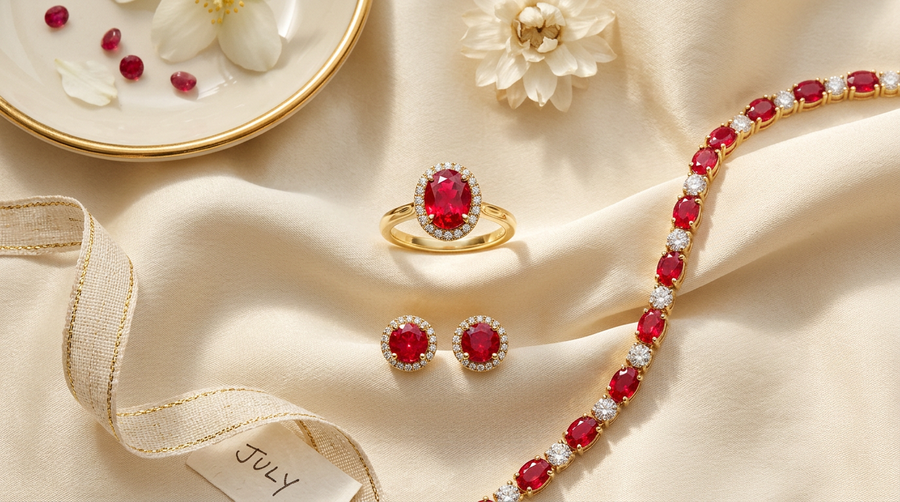 July ruby and lab grown diamond jewelry capsule - engagement ring, studs, tennis bracelet in yellow gold