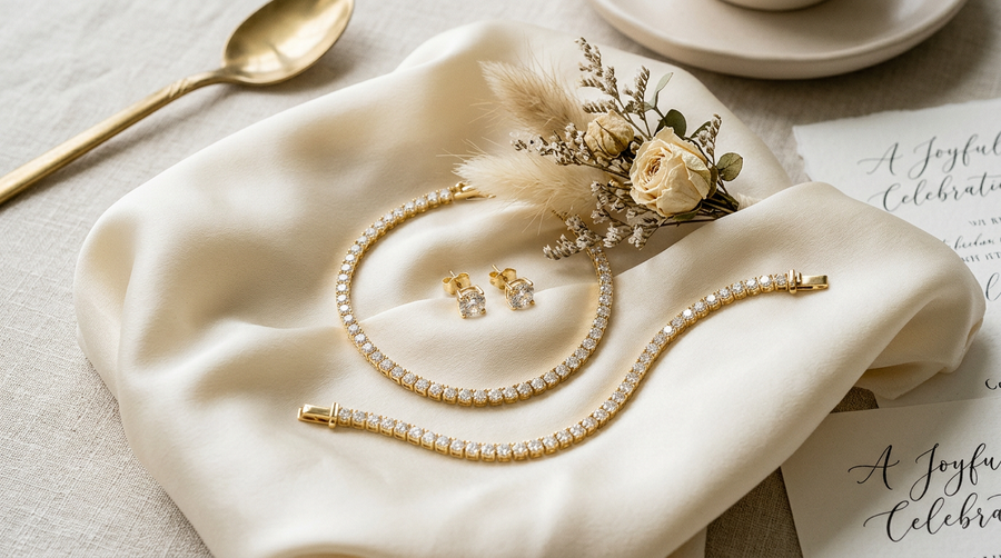 Lab grown diamond wedding guest jewelry capsule - studs, tennis necklace, tennis bracelet in yellow gold