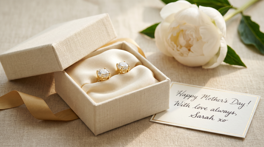Lab grown diamond stud earrings in opened gift box with handwritten note and white peony, Mother's Day jewelry gift styling