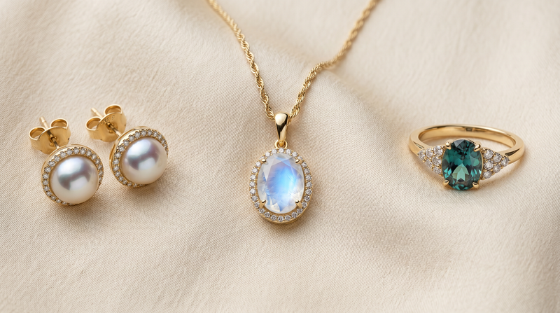 Three June birthstone jewelry pieces with lab grown diamond accents — pearl studs, rainbow moonstone pendant, and alexandrite ring on cream silk