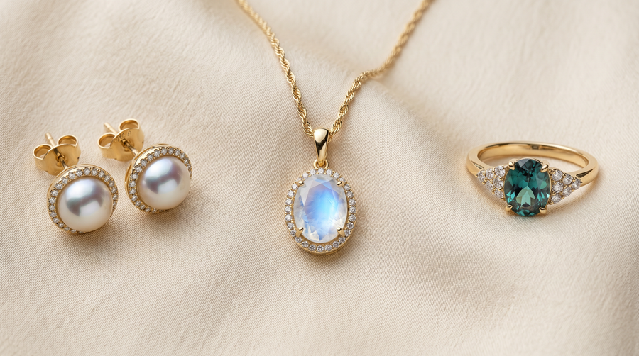 Three June birthstone jewelry pieces with lab grown diamond accents — pearl studs, rainbow moonstone pendant, and alexandrite ring on cream silk