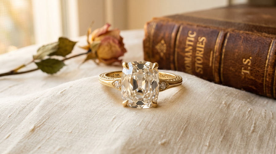 "Old mine cut elongated cushion lab grown diamond engagement ring in yellow gold, Taylor Swift-style vintage engagement ring"