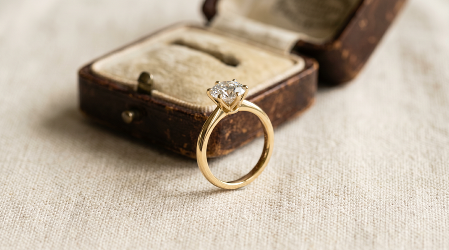 1.5 carat round brilliant lab grown diamond engagement ring in 18k yellow gold on cream linen, photographed for value and longevity