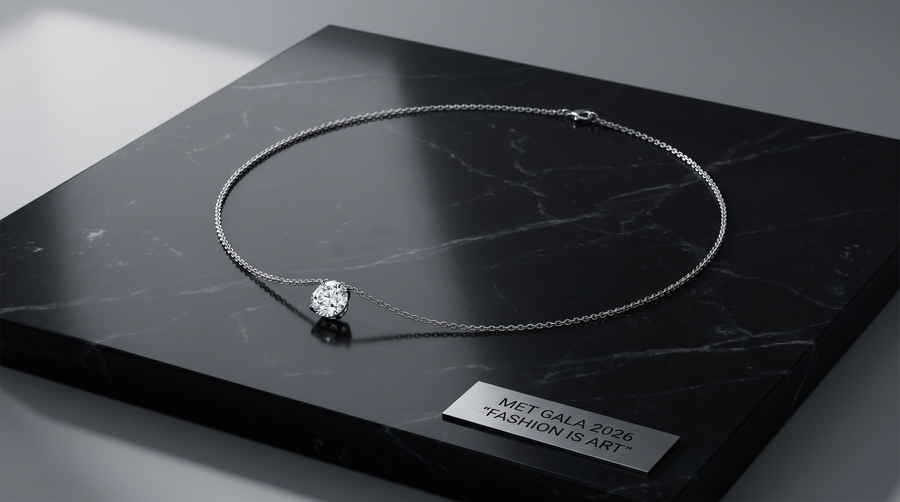 "Asymmetrical lab grown diamond choker with single 3-carat off-center diamond on platinum chain, Met Gala 2026 architectural style"