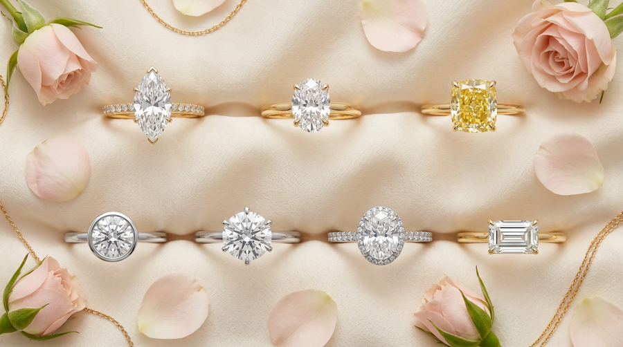Seven lab grown diamond engagement ring styles defining 2026 trends arranged on cream silk with rose petals