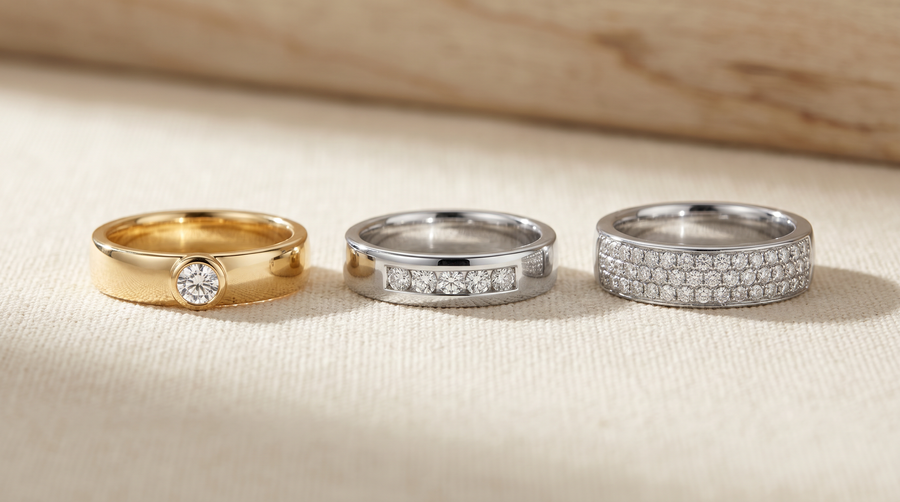 Three styles of men's lab grown diamond wedding bands — single accent in yellow gold, channel-set in white gold, and pave in platinum