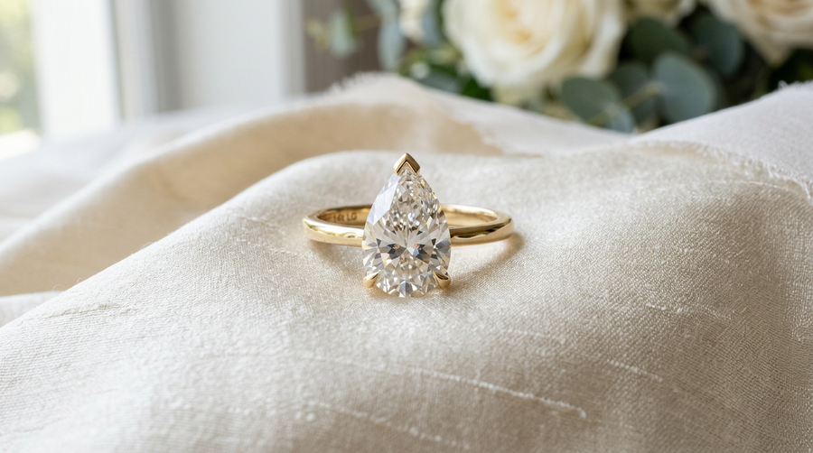 2 carat pear cut lab grown diamond engagement ring point-up in 14k yellow gold V-prong solitaire
