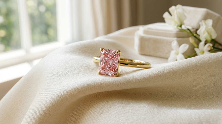 1 carat fancy pink lab grown diamond radiant cut engagement ring in 14k yellow gold on cream silk