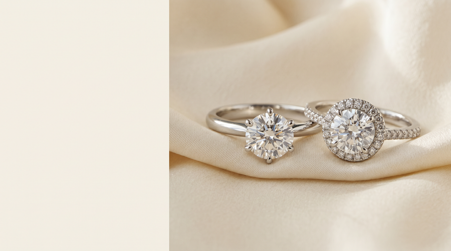 Solitaire vs halo lab grown diamond engagement rings side by side — Mohana Jewels