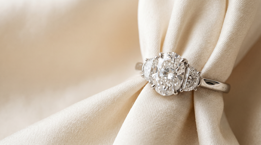 Oval three stone lab grown diamond engagement ring in 18k white gold with half-moon side stones — Mohana Jewels