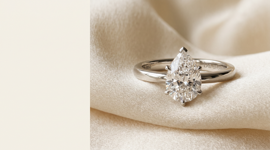 Pear shaped lab grown diamond engagement ring in 18k white gold solitaire with V-prong — Mohana Jewels