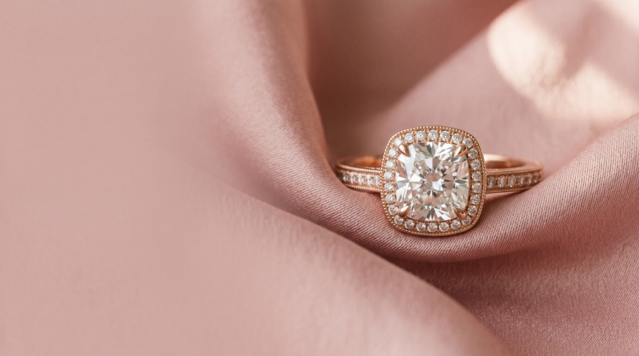 Cushion cut lab grown diamond engagement ring in 18k rose gold halo on dusty pink silk — Mohana Jewels