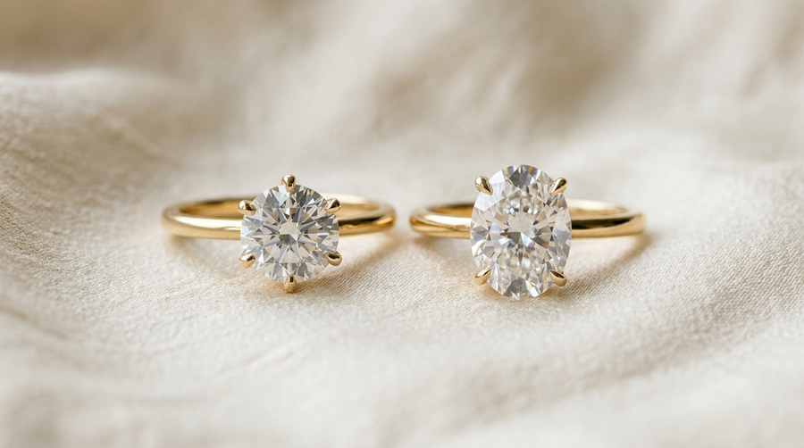 2 carat round vs 2 carat oval lab grown diamond engagement ring comparison in 14k yellow gold