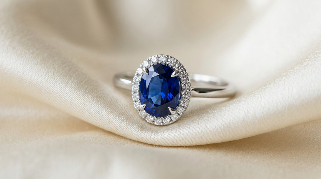 Royal blue sapphire engagement ring with lab grown diamond halo in 14k white gold on cream silk