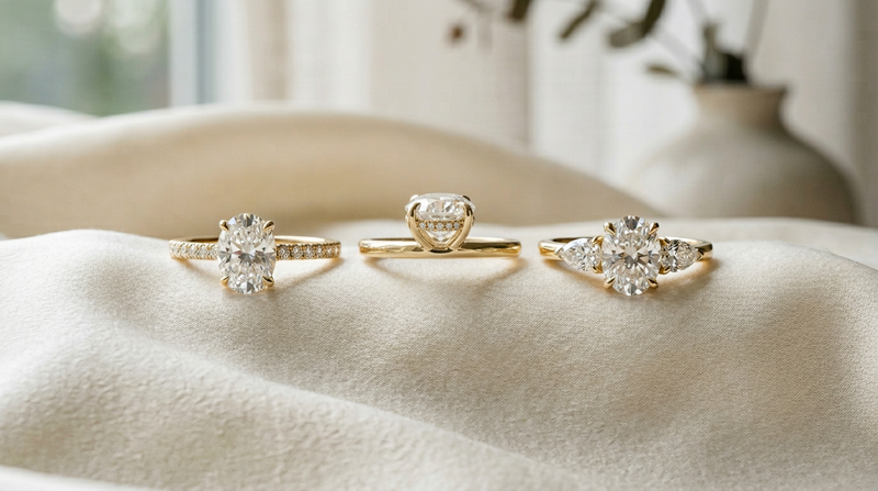 Three lab grown diamond engagement ring settings - pave, hidden halo, three-stone - in 14k yellow gold