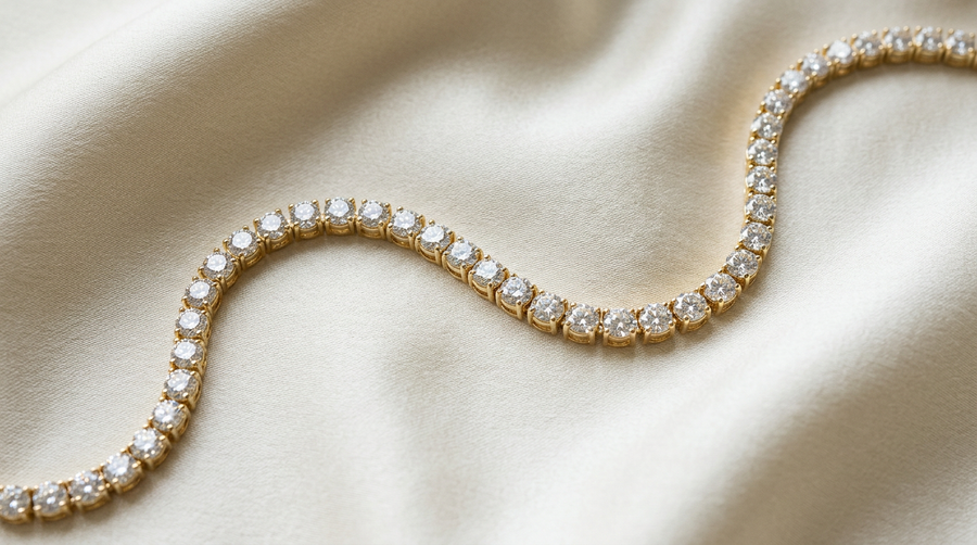 7 carat lab grown diamond tennis necklace in 14k yellow gold laid flat on cream silk