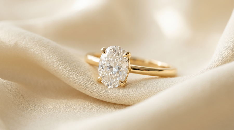 2 carat oval lab grown diamond solitaire engagement ring in 14k yellow gold on cream silk