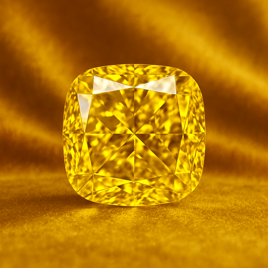Fancy yellow lab grown diamond engagement ring on a slender hand against neutral background