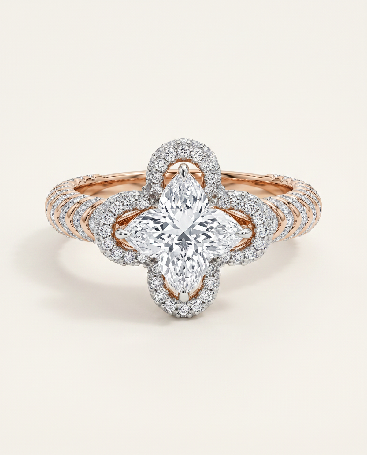 1.5 Carat Colorless Marquise Flower Halo Two-Tone Rose and White Gold Diamond Ring — view 1