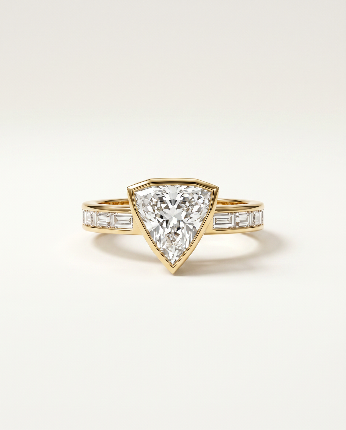 2.5 Carat Colorless Shield Cut Tapered Baguette Yellow Gold Diamond Ring — view 1