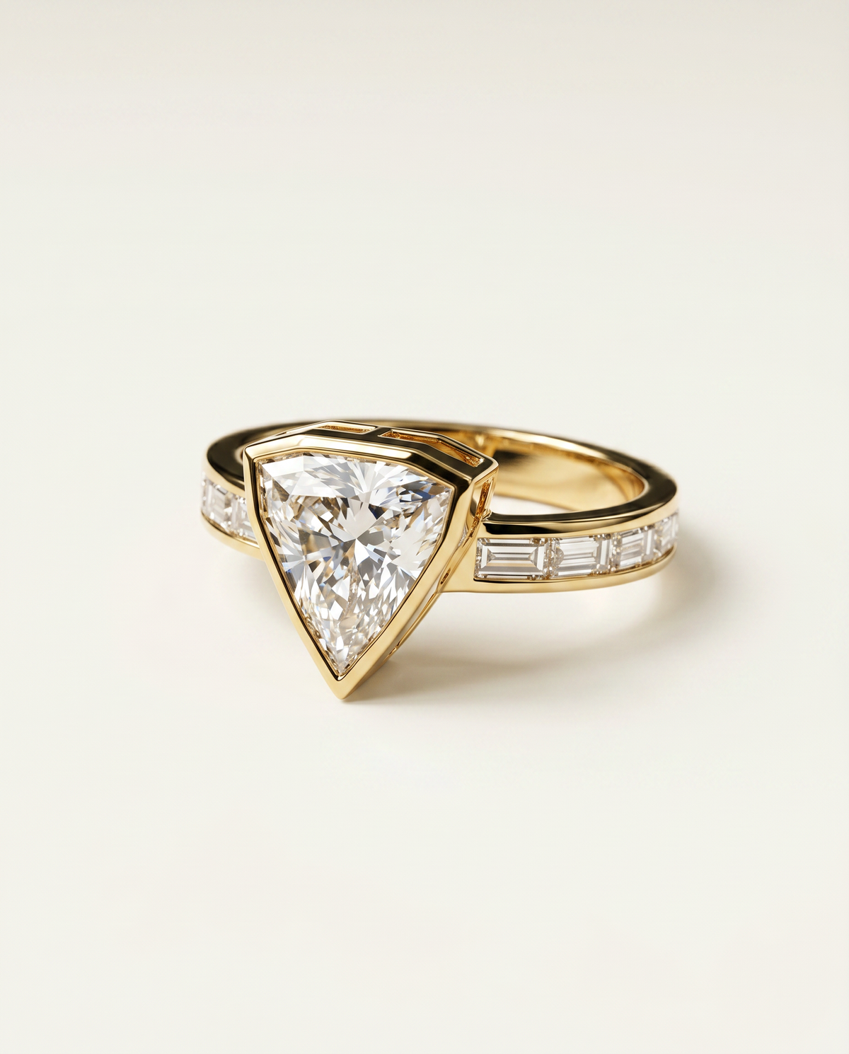 2.5 Carat Colorless Shield Cut Tapered Baguette Yellow Gold Diamond Ring — view 3