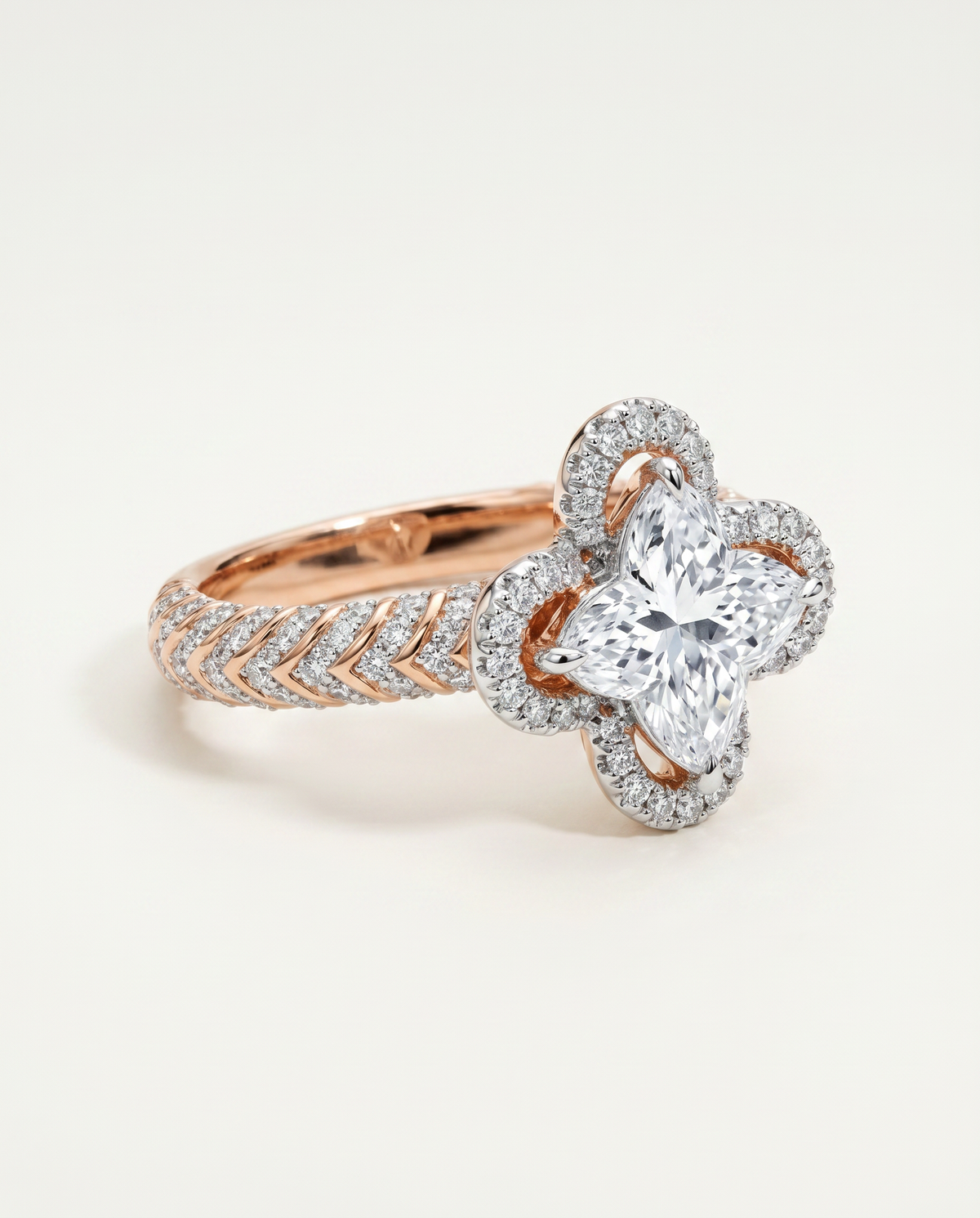1.5 Carat Colorless Marquise Flower Halo Two-Tone Rose and White Gold Diamond Ring — view 4