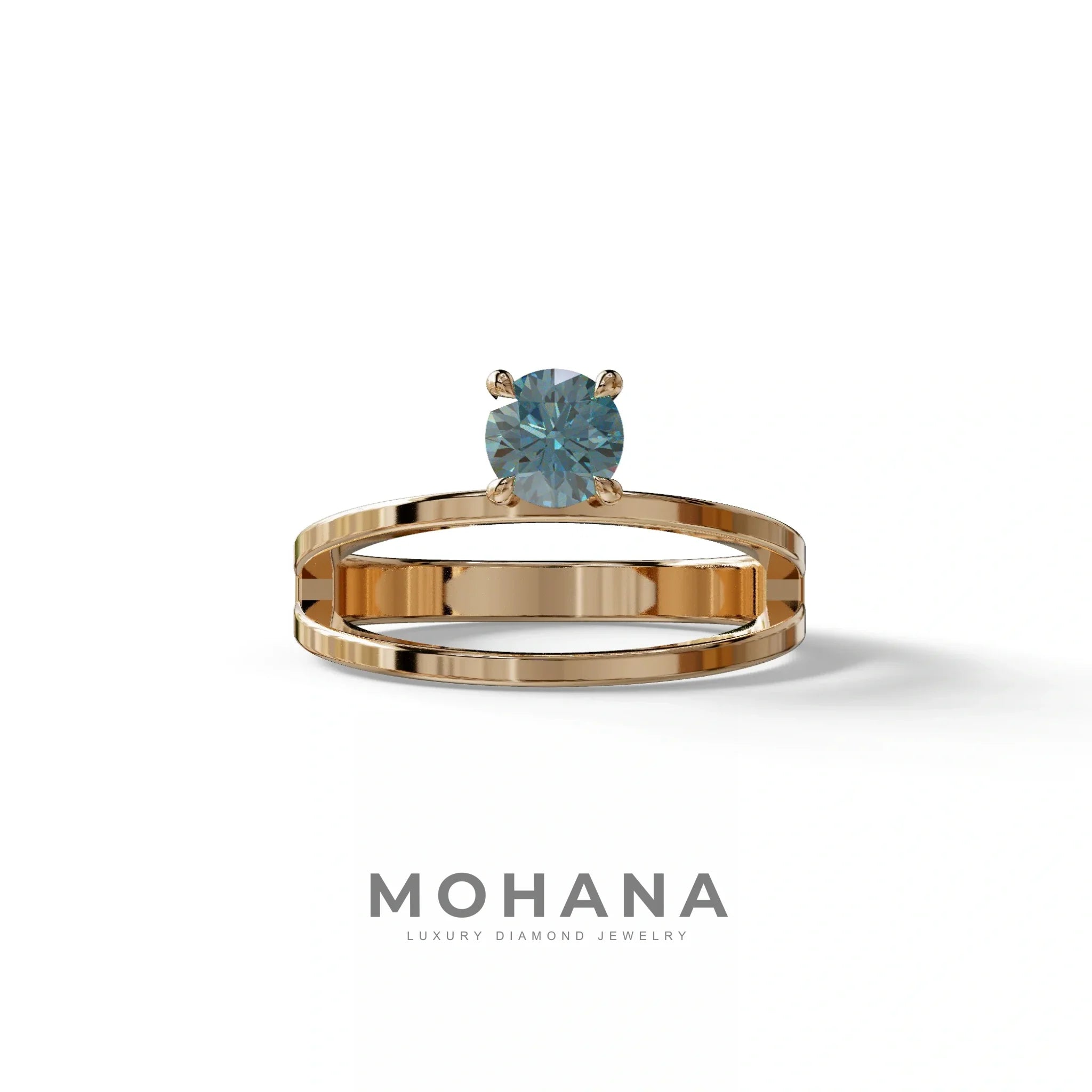 Blue Round Brilliant Solitaire Engagement Ring with a split‑shank Band - Auric Grace - 1.5 Carat / 10K Solid Gold