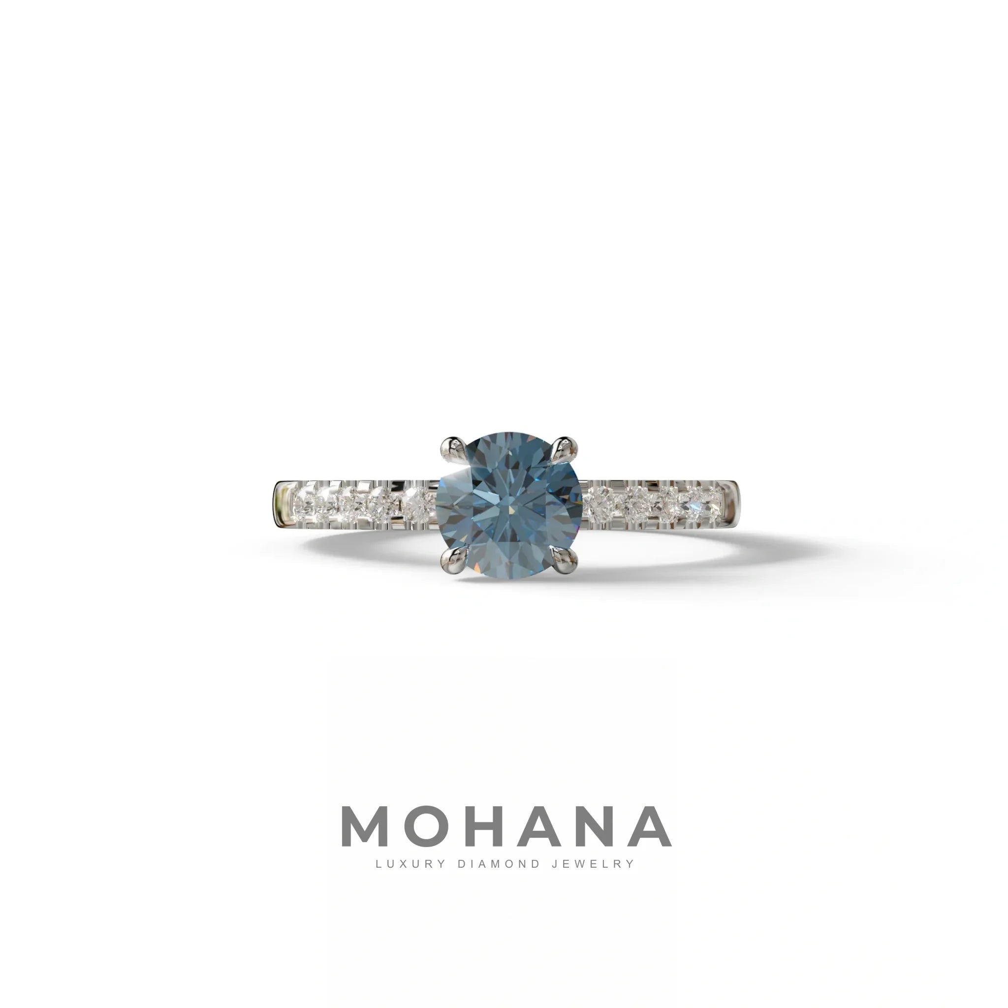 Blue Round Pave Set Minimalist Engagement Ring - Nova Signature - 1.5 Carat / 10K Solid Gold / White Gold