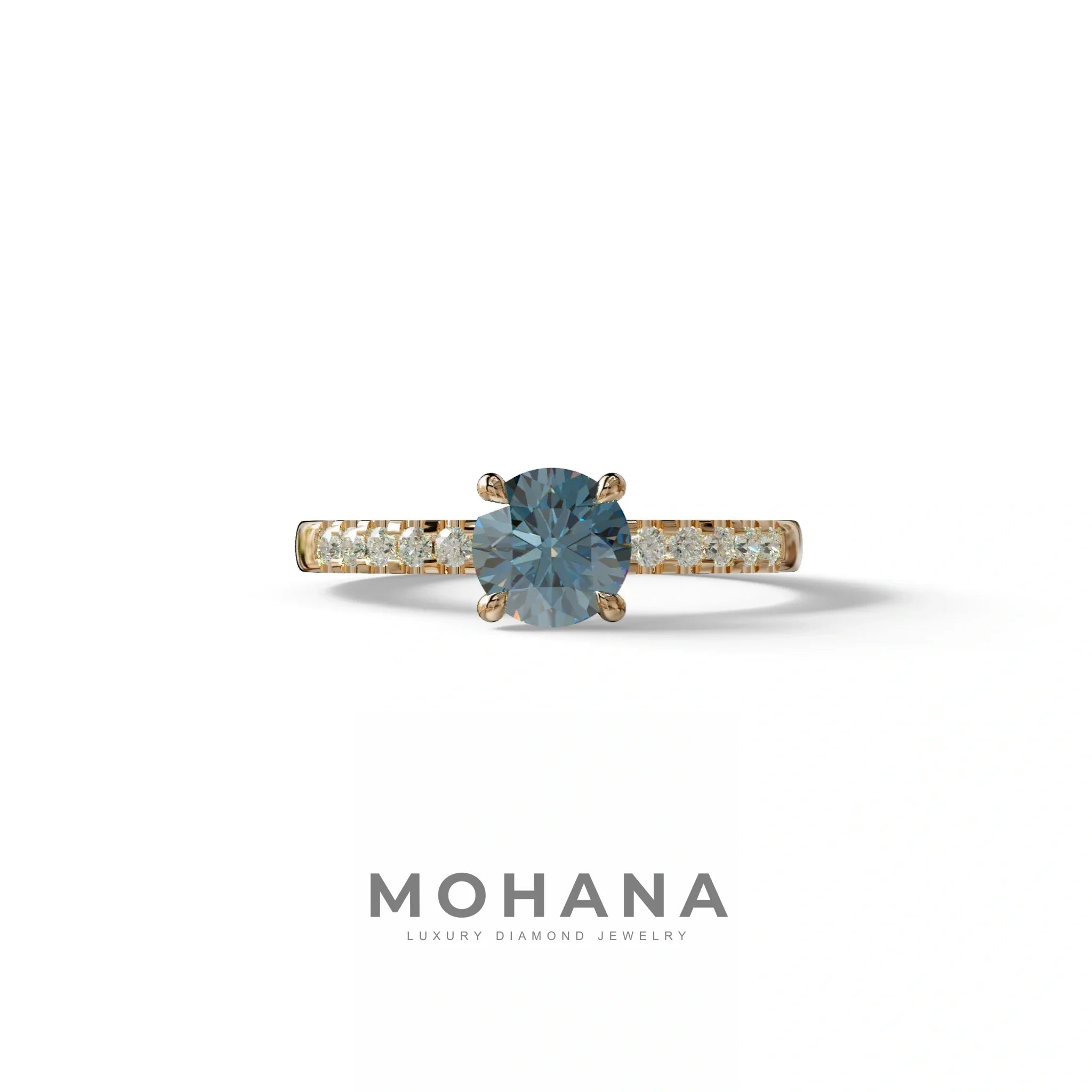 Blue Round Pave Set Minimalist Engagement Ring - Nova Signature - 1.5 Carat / 10K Solid Gold / Yellow Gold