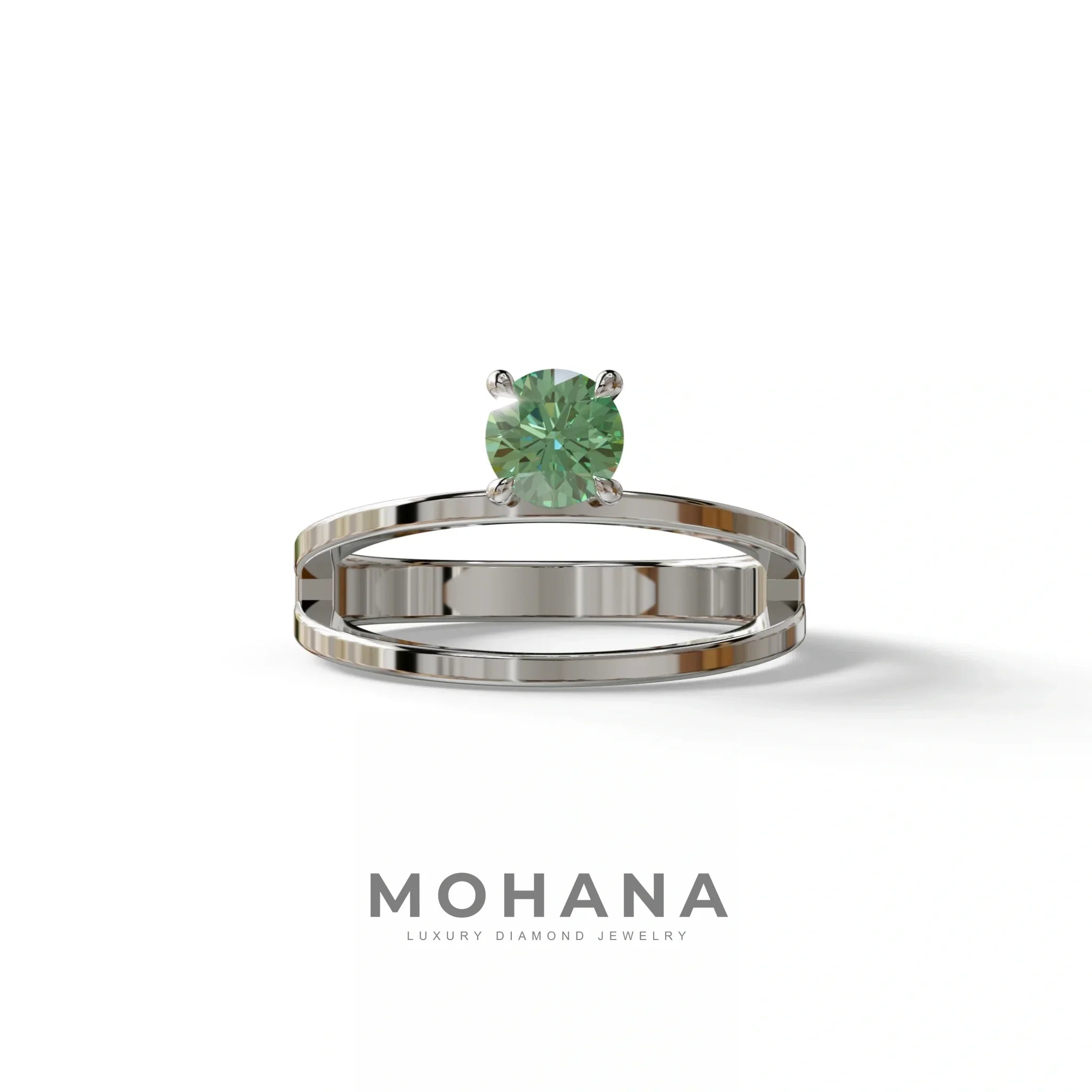 Green Round Brilliant Solitaire Engagement Ring with a split‑shank Band - Auric Grace - 1.5 Carat / 10K Solid Gold