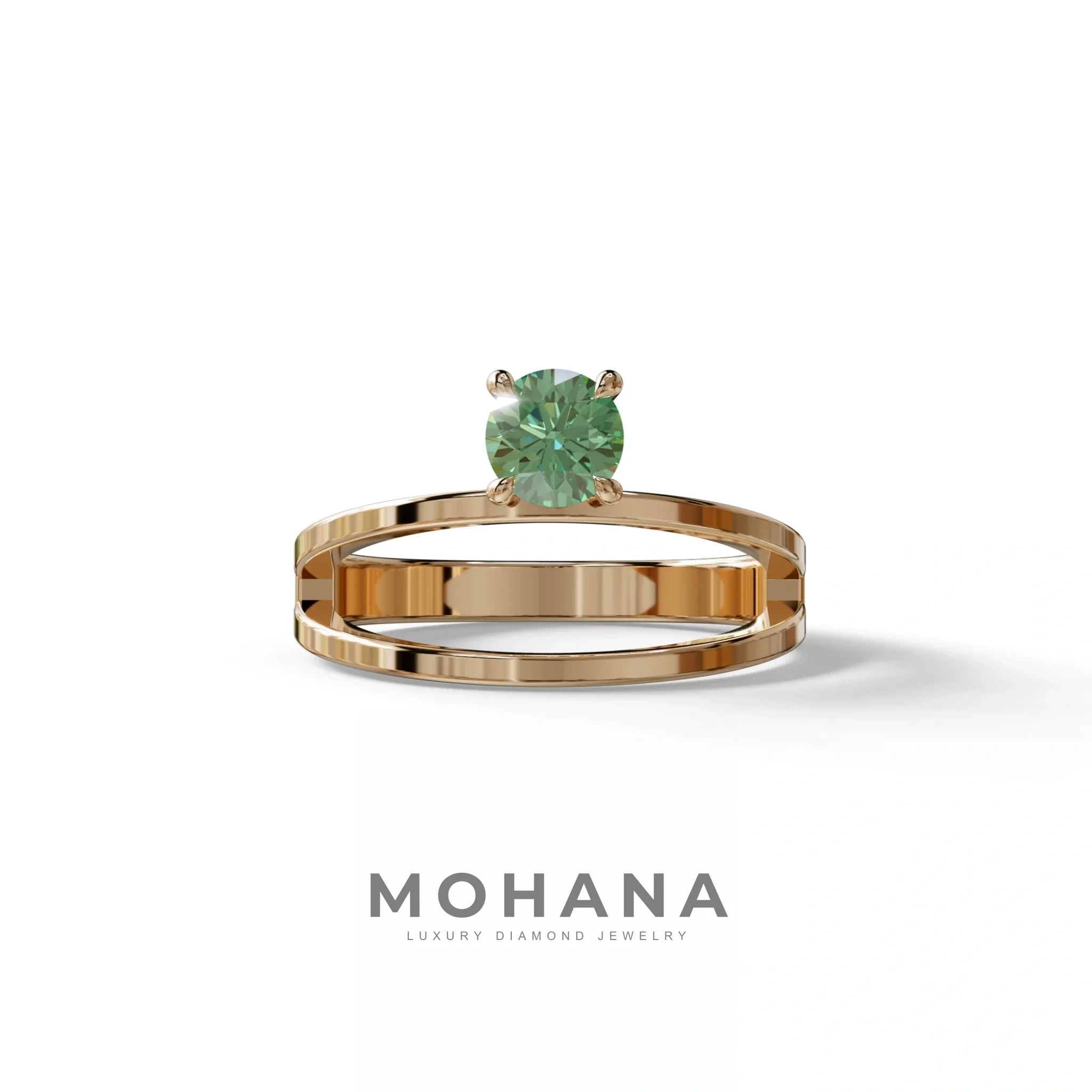 Green Round Brilliant Solitaire Engagement Ring with a split‑shank Band - Auric Grace - 1.5 Carat / 10K Solid Gold