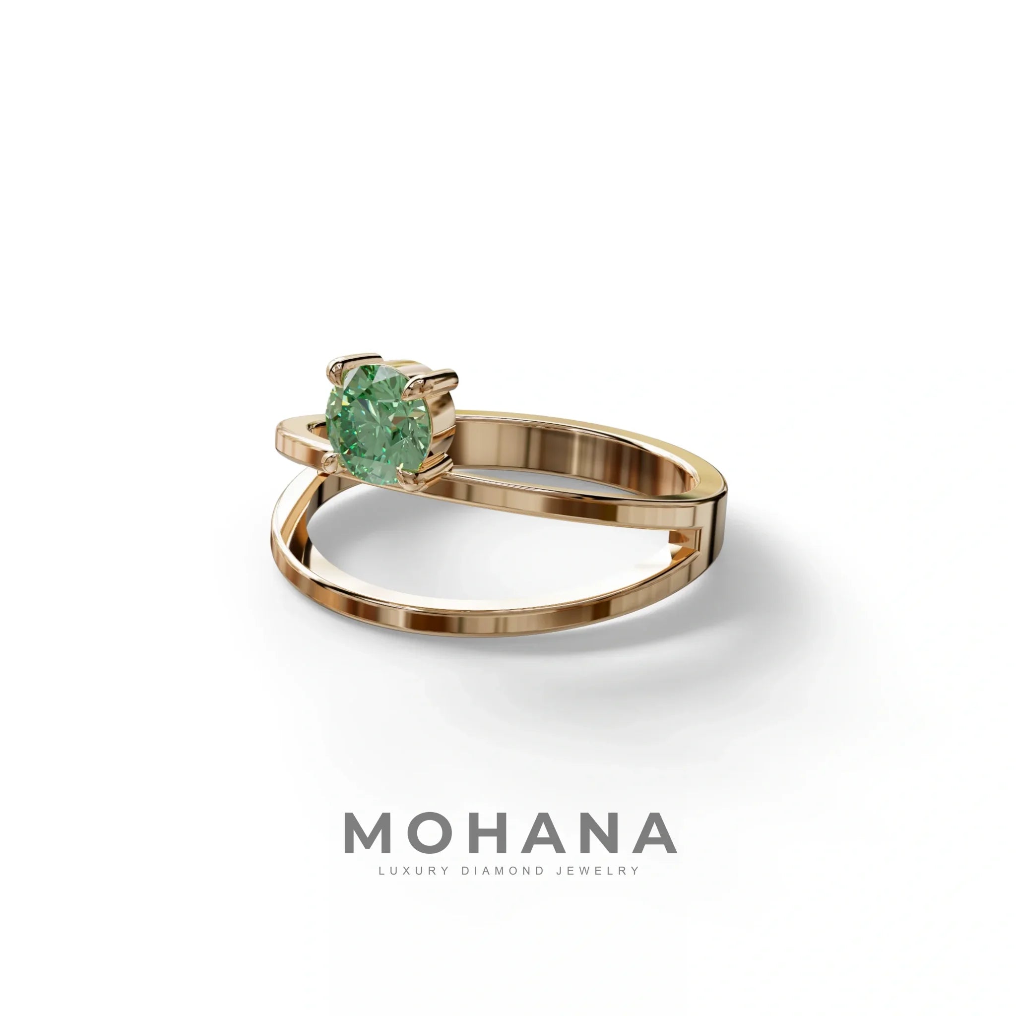 Green Round Brilliant Solitaire Engagement Ring with a split‑shank Band - Auric Grace