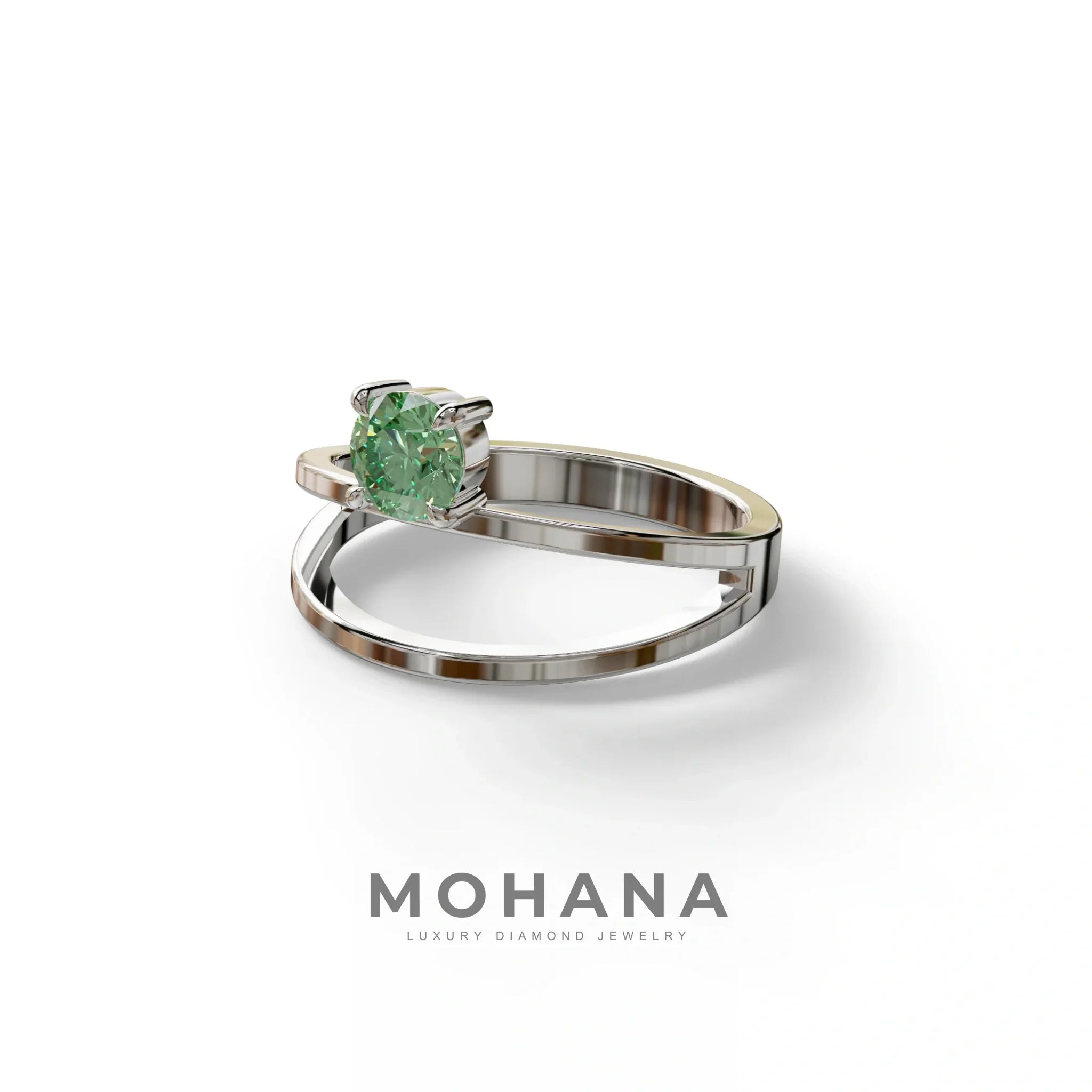 Green Round Brilliant Solitaire Engagement Ring with a split‑shank Band - Auric Grace
