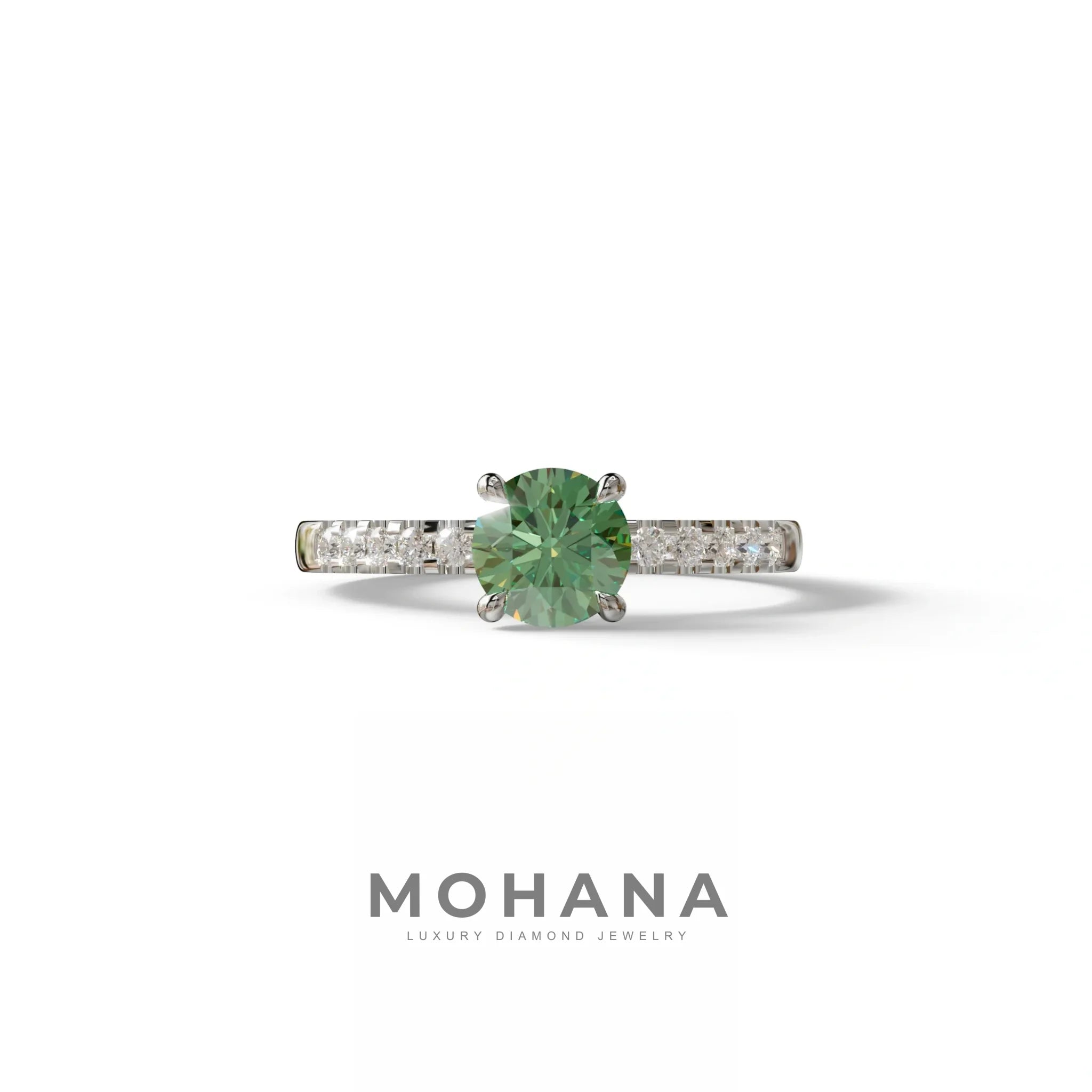 Green Round Pave Set Minimalist Engagement Ring - Nova Signature - 1.5 Carat / 10K Solid Gold / White Gold