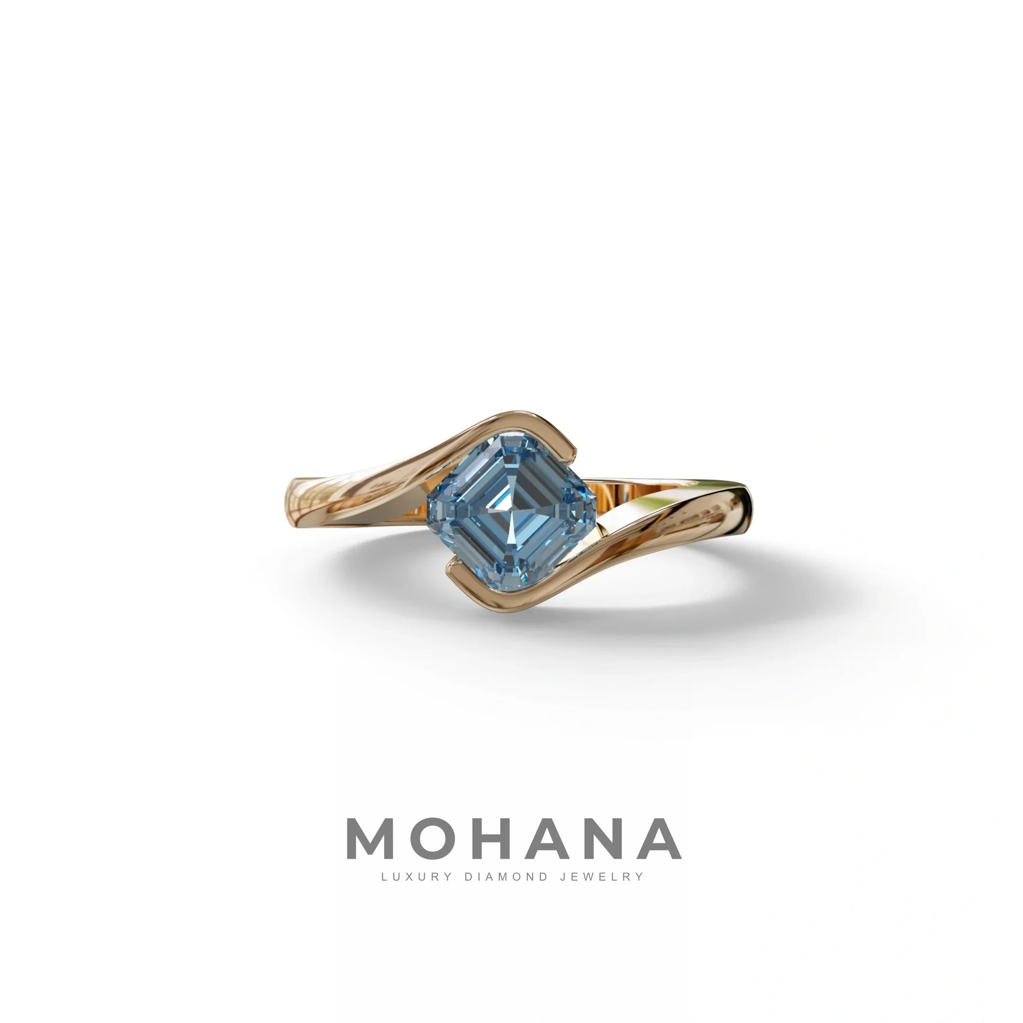 1.5 Carat Blue Asscher Cut Half Bezel Lab Grown Diamond Ring - Aquarius - 10K Solid Gold / Rose Gold