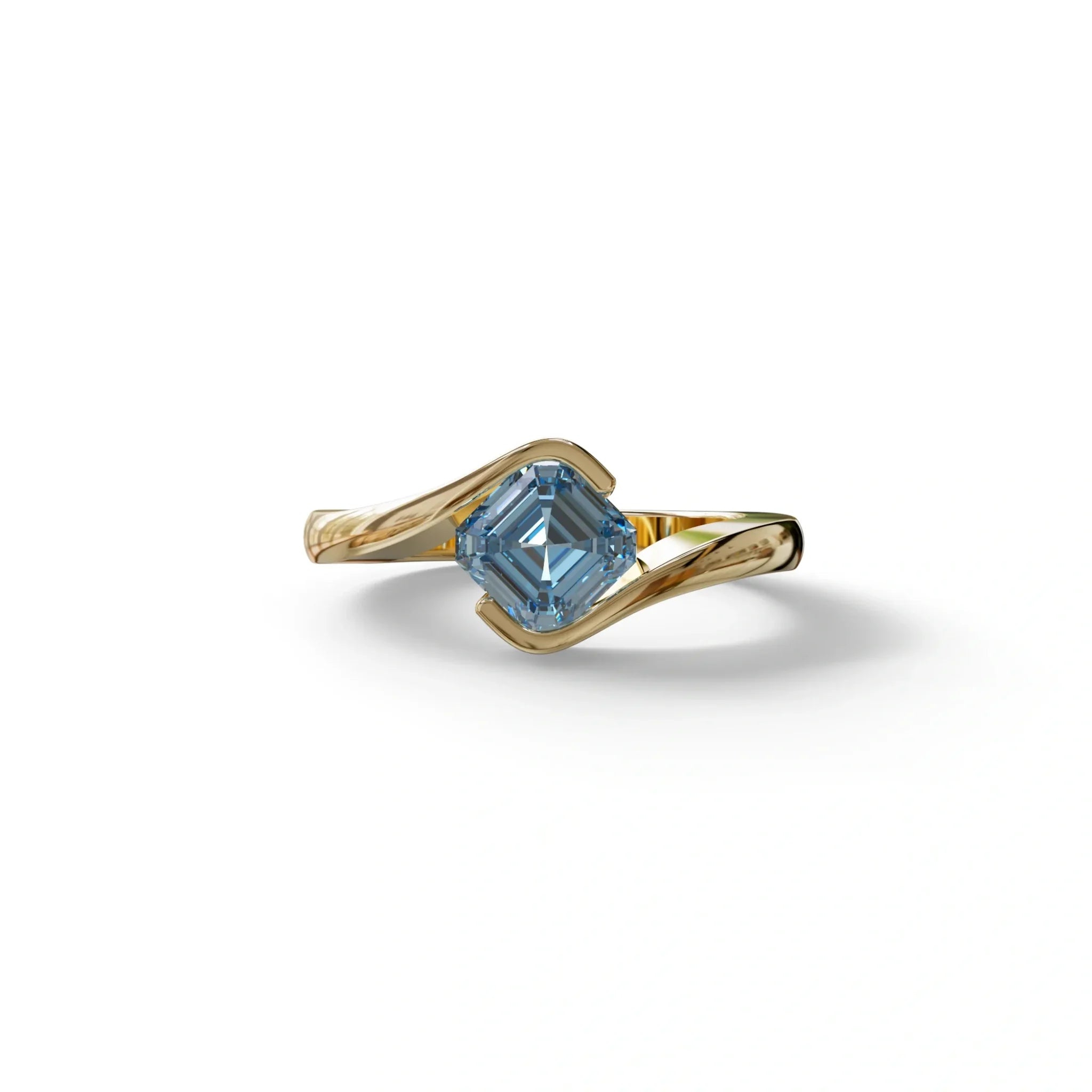 1.5 Carat Blue Asscher Cut Half Bezel Lab Grown Diamond Ring - Aquarius - 10K Solid Gold / Yellow Gold