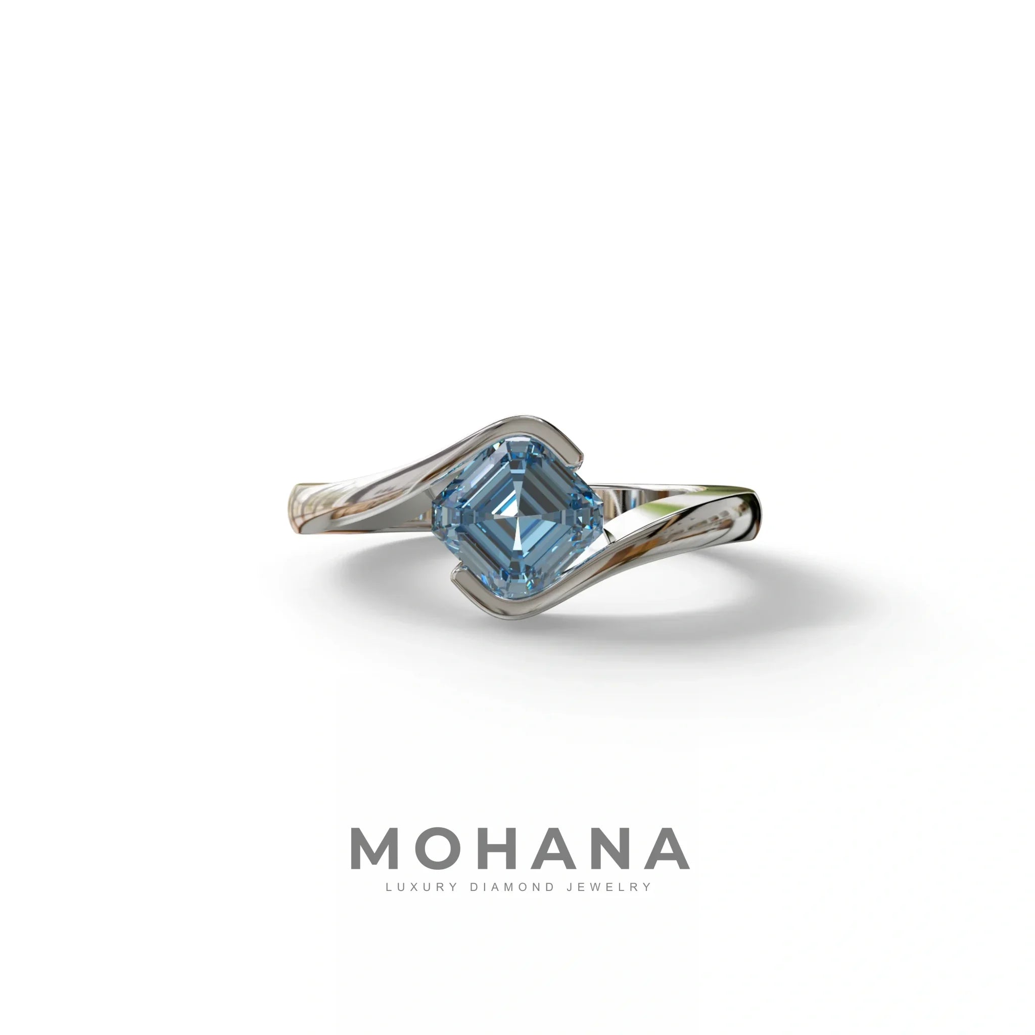 1.5 Carat Blue Asscher Cut Half Bezel Lab Grown Diamond Ring - Aquarius - 10K Solid Gold / White Gold