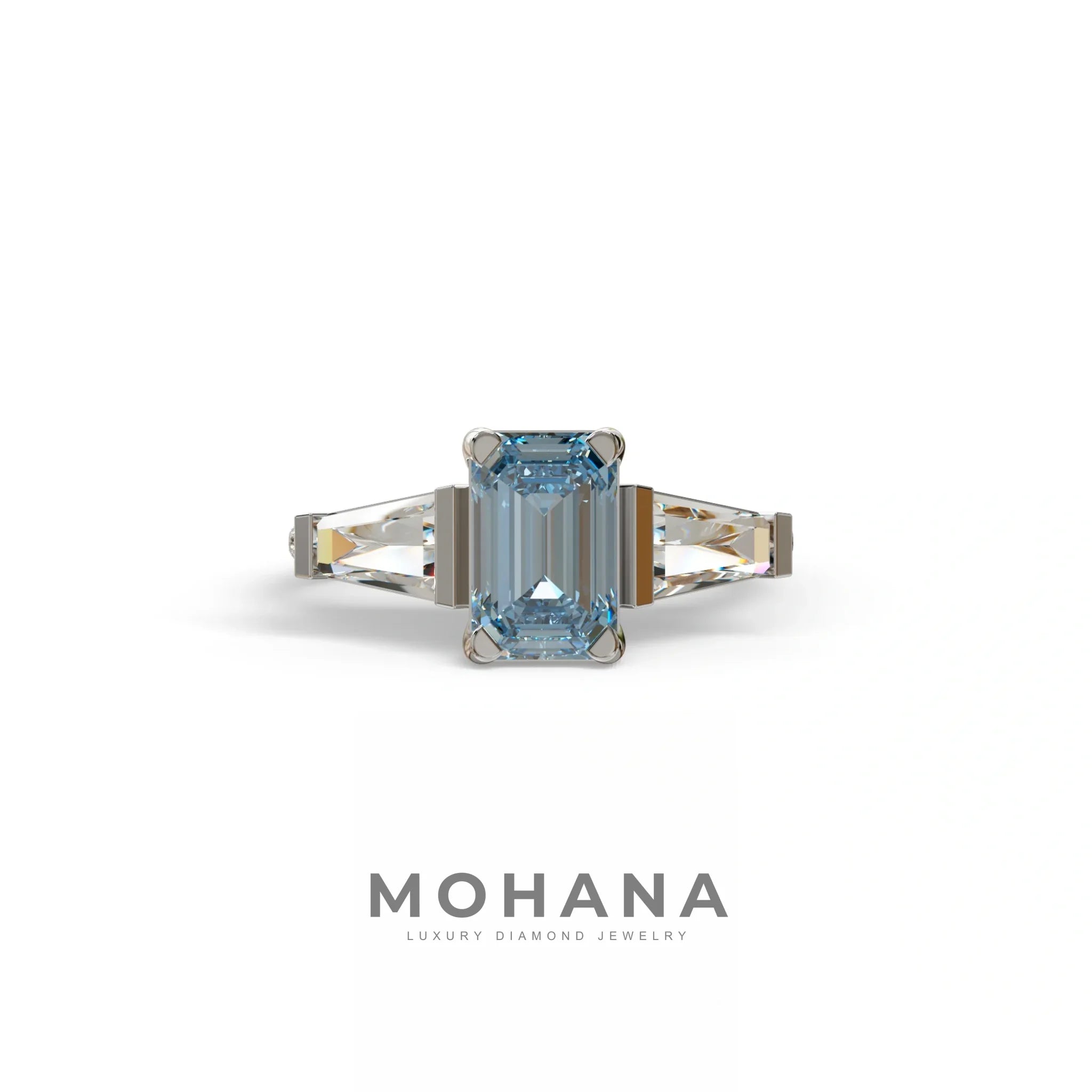 1.50 Carat Blue Emerald with Tapered Cut Lab Grown Diamond Ring - Libra - 10K Solid Gold / White Gold