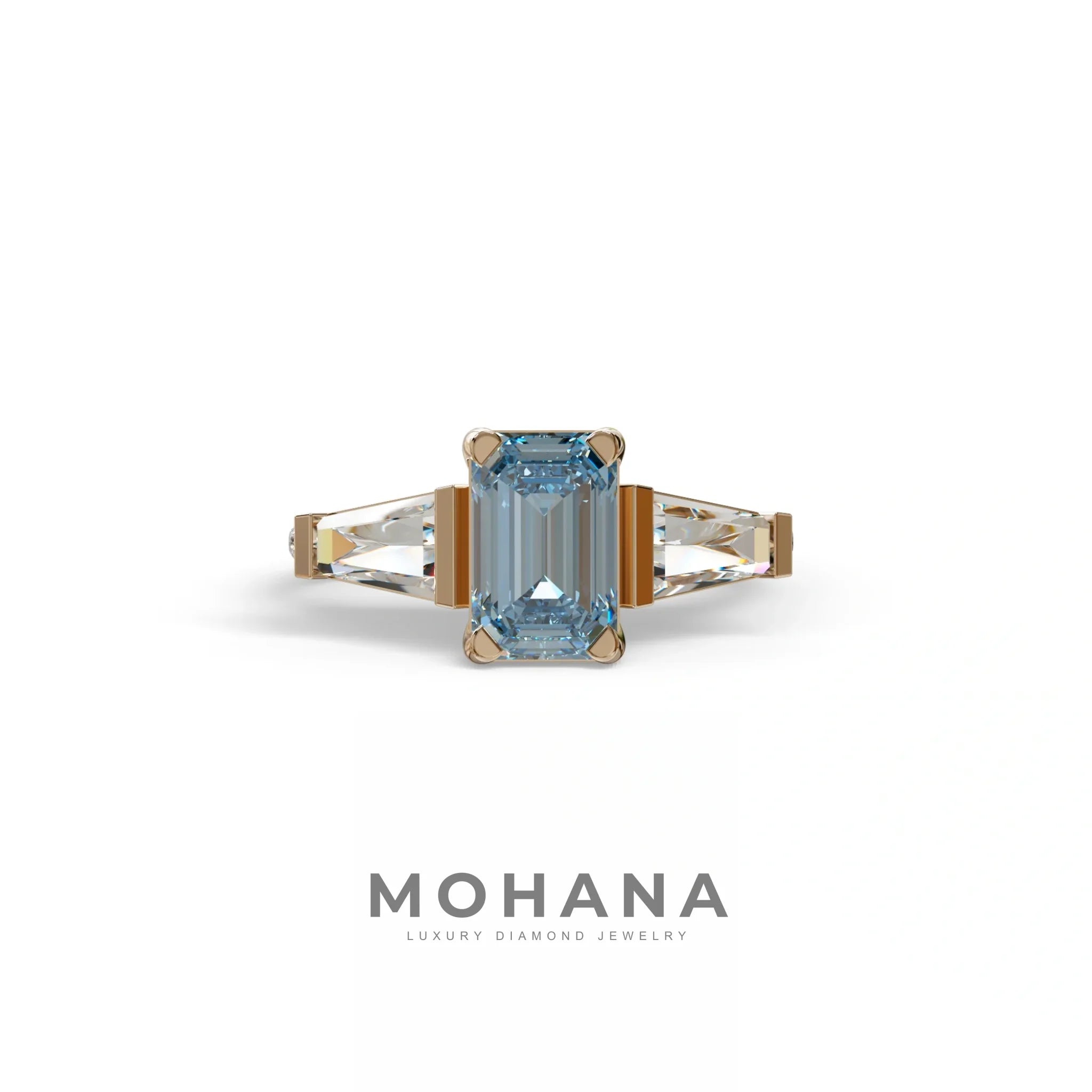 1.50 Carat Blue Emerald with Tapered Cut Lab Grown Diamond Ring - Libra - 10K Solid Gold / Rose Gold