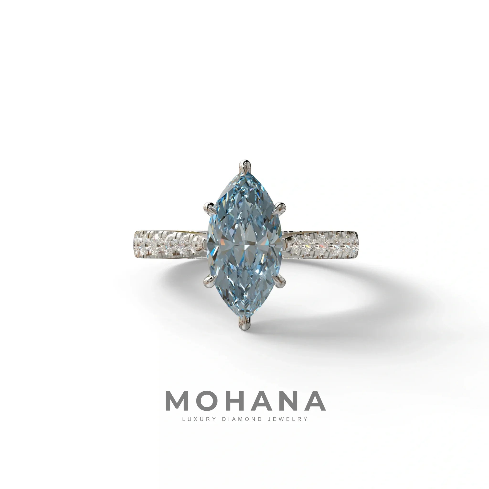 1.5 Carat Blue Marquise Cut Lab Diamond Hidden Halo & Pave Ring - Ash - 10K Solid Gold / White Gold
