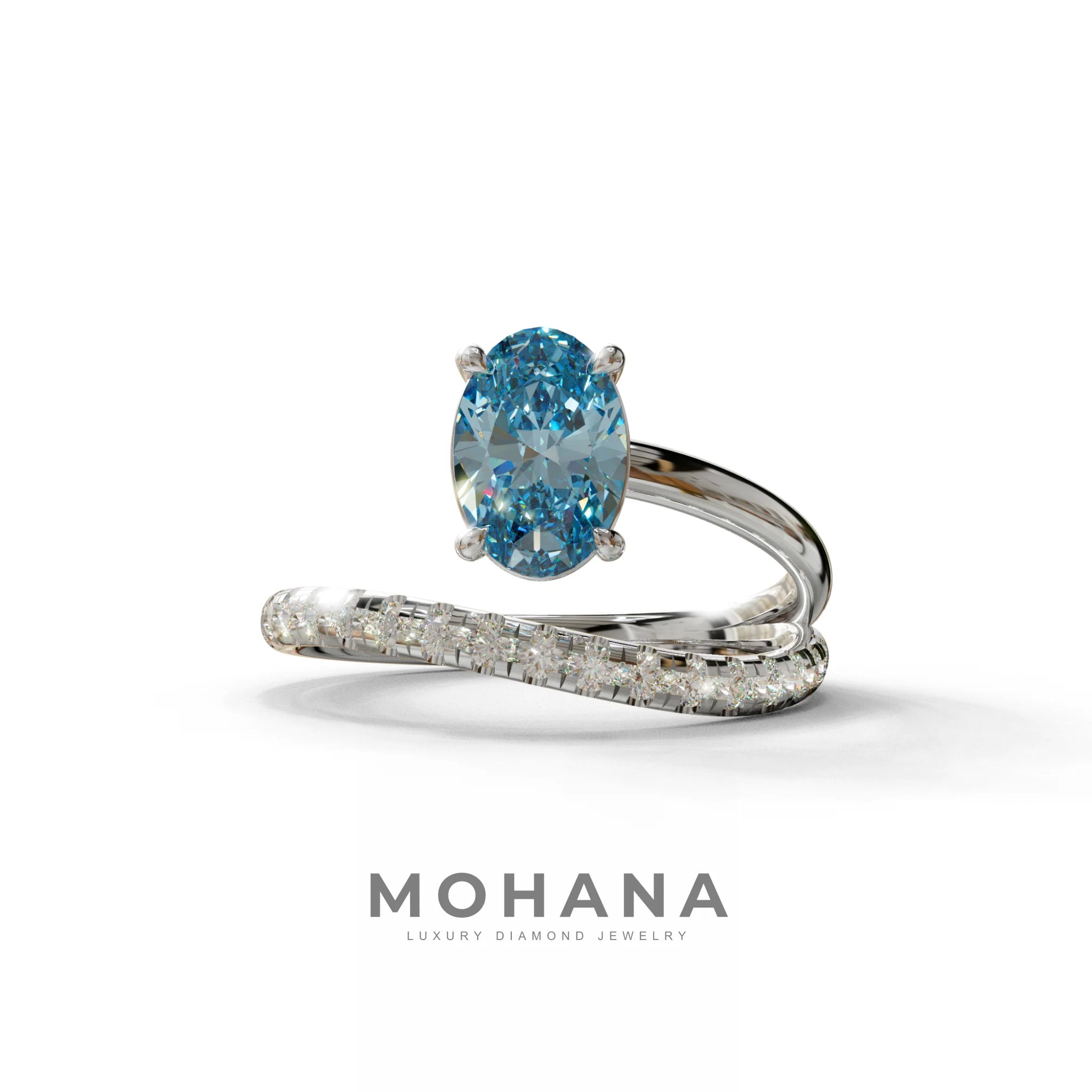 1.5 Carat S-Curve Blue Oval Diamond Pave-set Diamond Ring - Bypass - 10K Solid Gold / White Gold