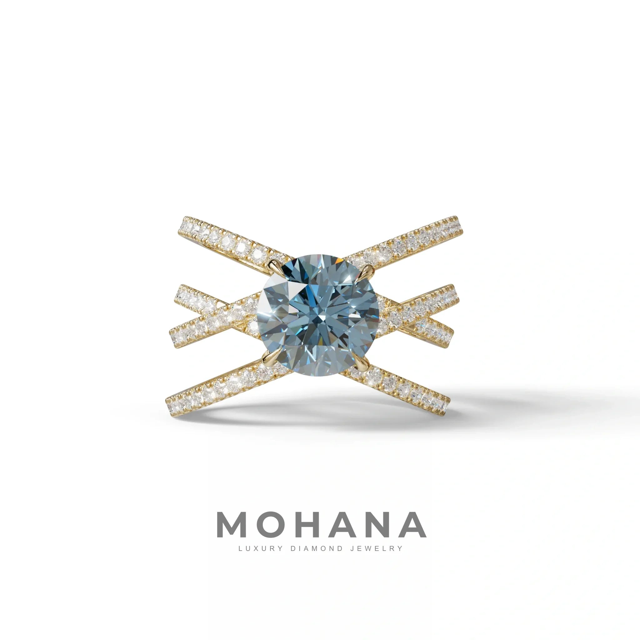 1.5 Carat Blue Round Cut Criss Cross Lab Diamond Ring - Elegant - 10K Solid Gold / Yellow Gold