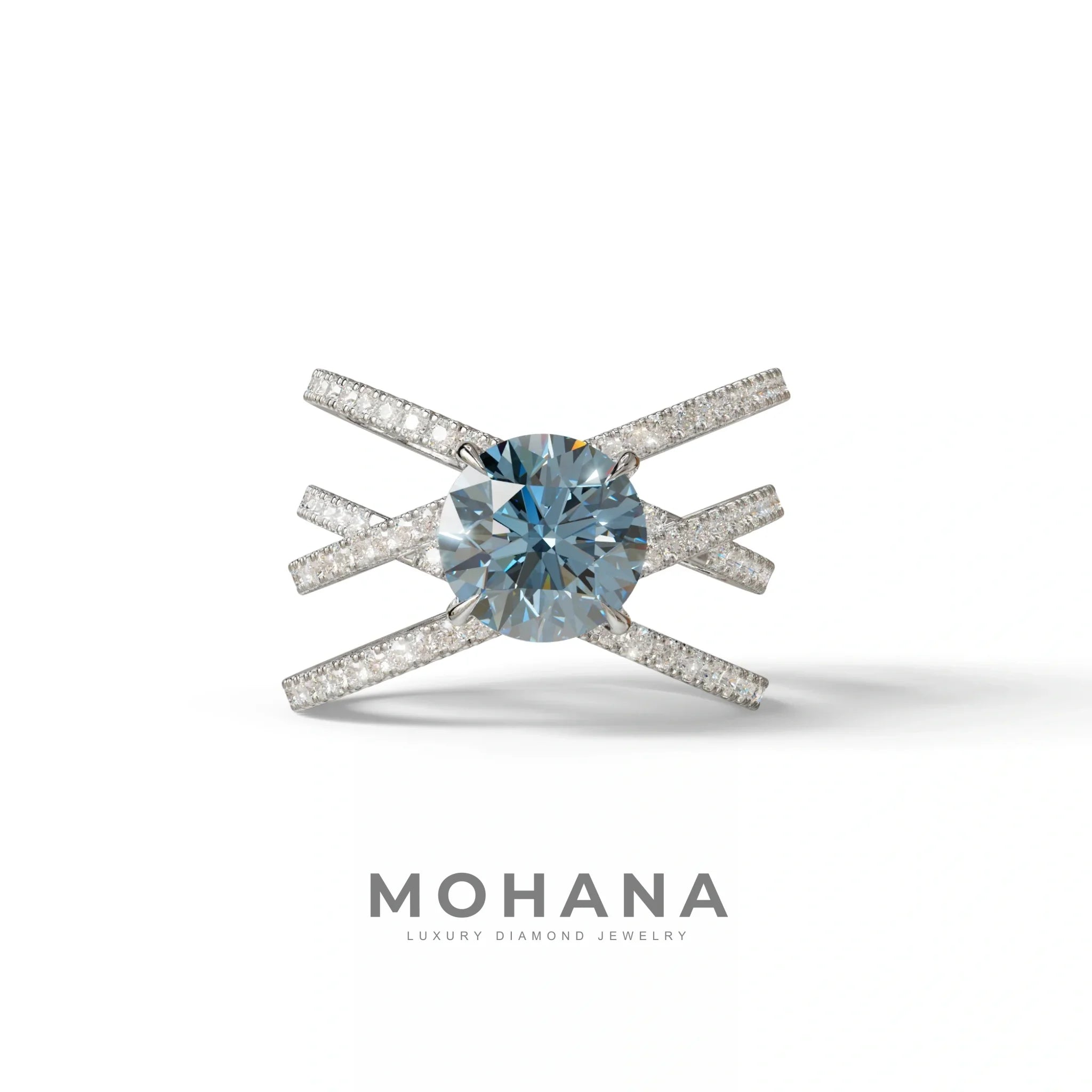 1.5 Carat Blue Round Cut Criss Cross Lab Diamond Ring - Elegant - 10K Solid Gold / White Gold