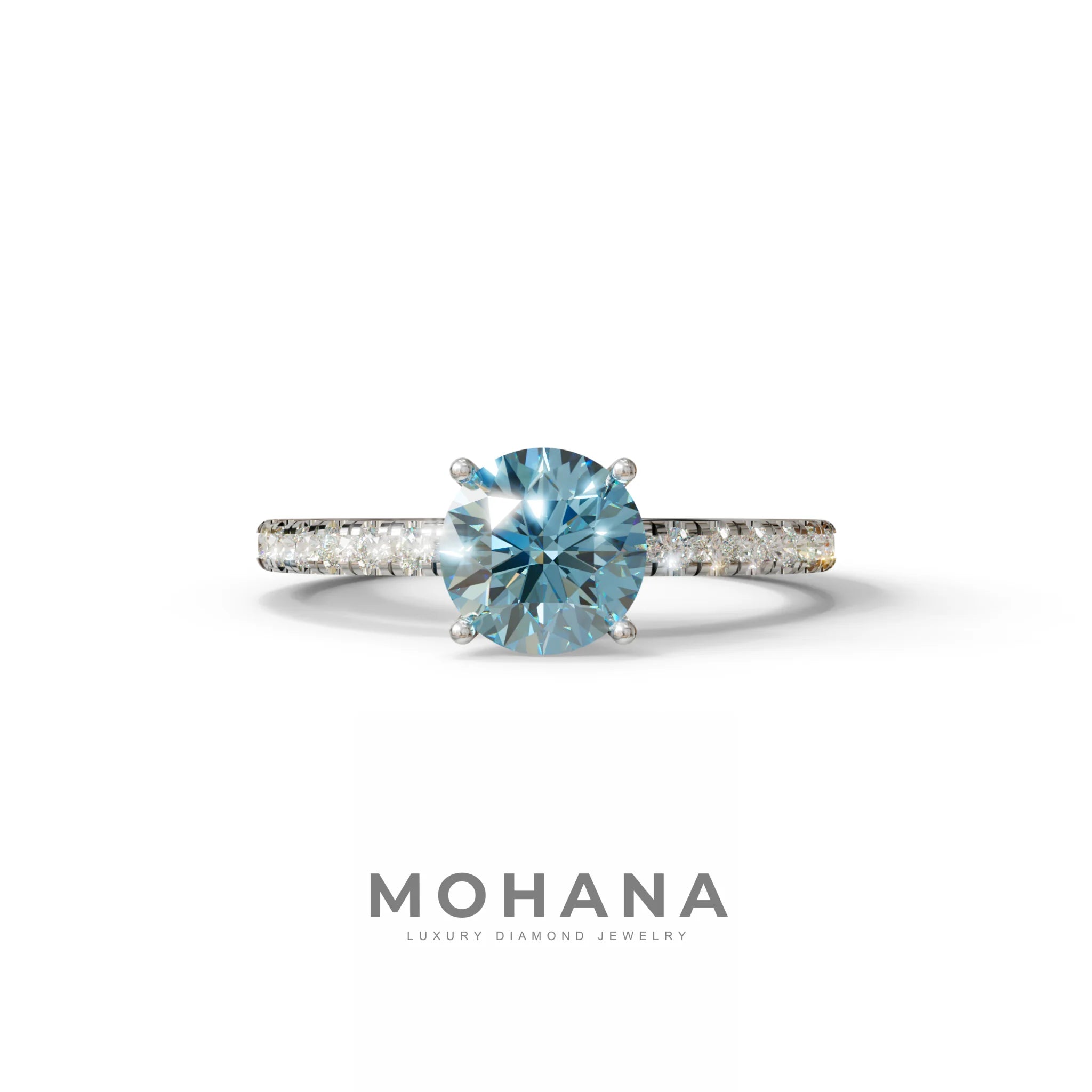 1.5 Carat Blue Round Lab Diamond Ring - Classic Pave Set Ring - 10K Solid Gold / White Gold