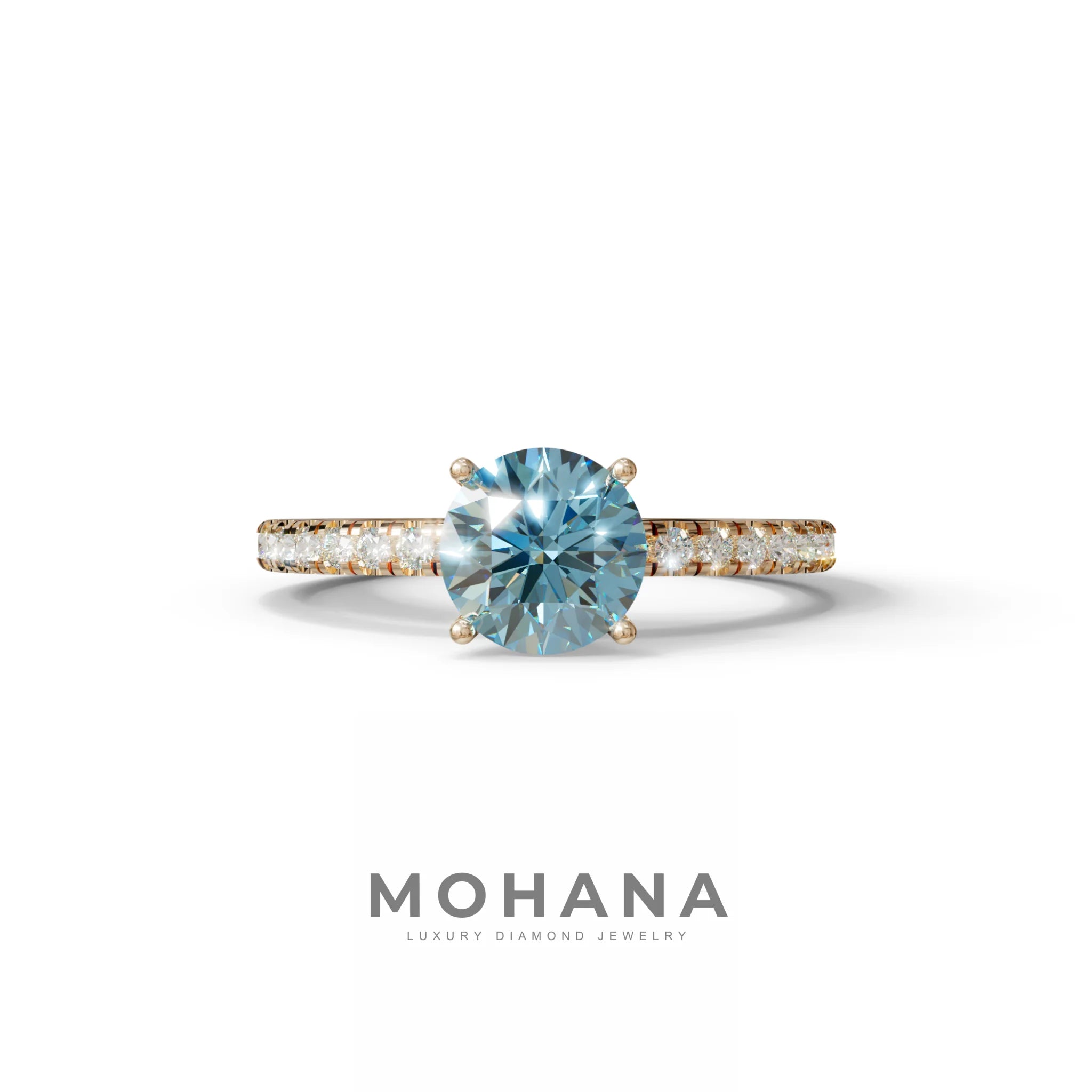 1.5 Carat Blue Round Lab Diamond Ring - Classic Pave Set Ring - 10K Solid Gold / Rose Gold