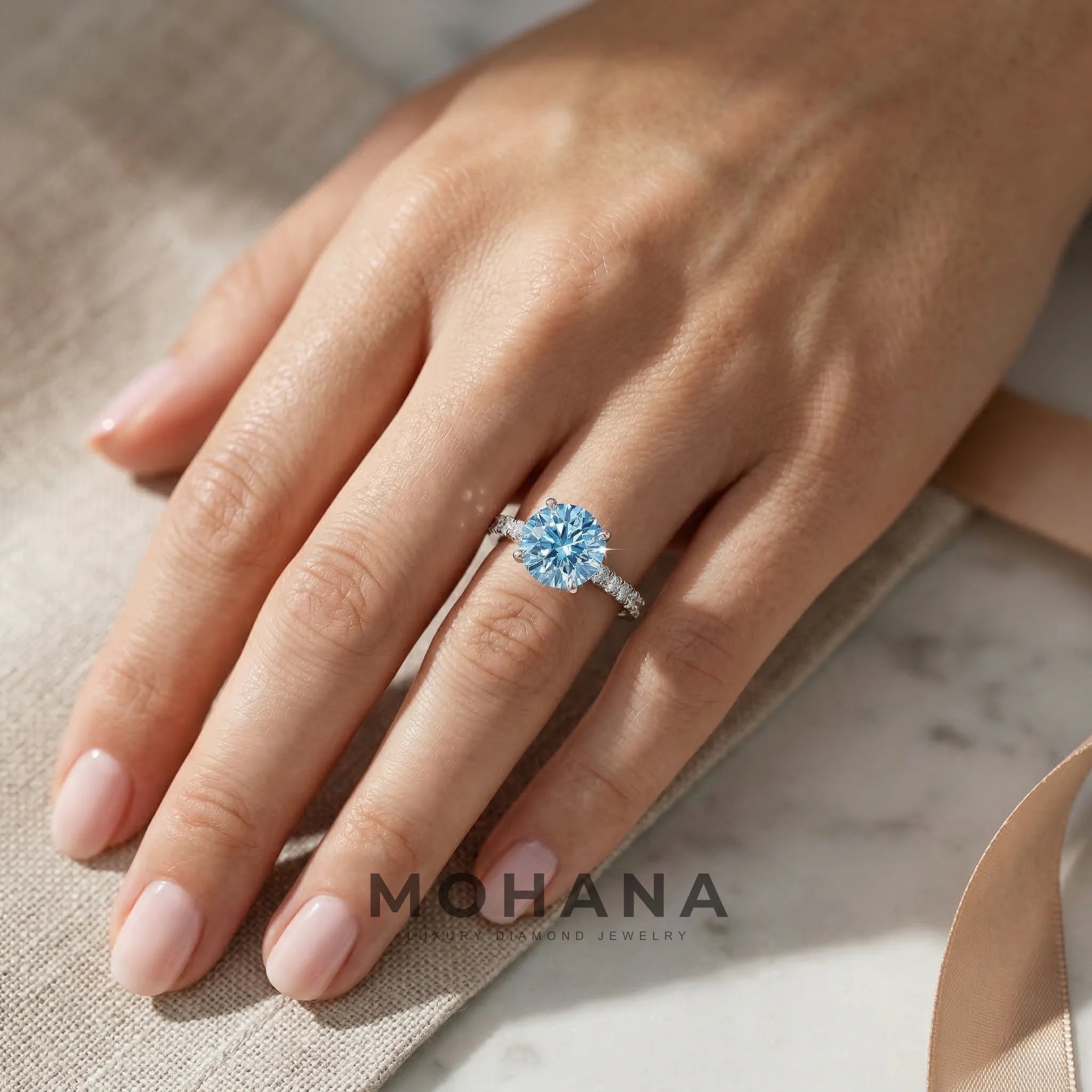 1.5 Carat Blue Round Lab Grown Diamond Engagement Ring Classic Pave Set