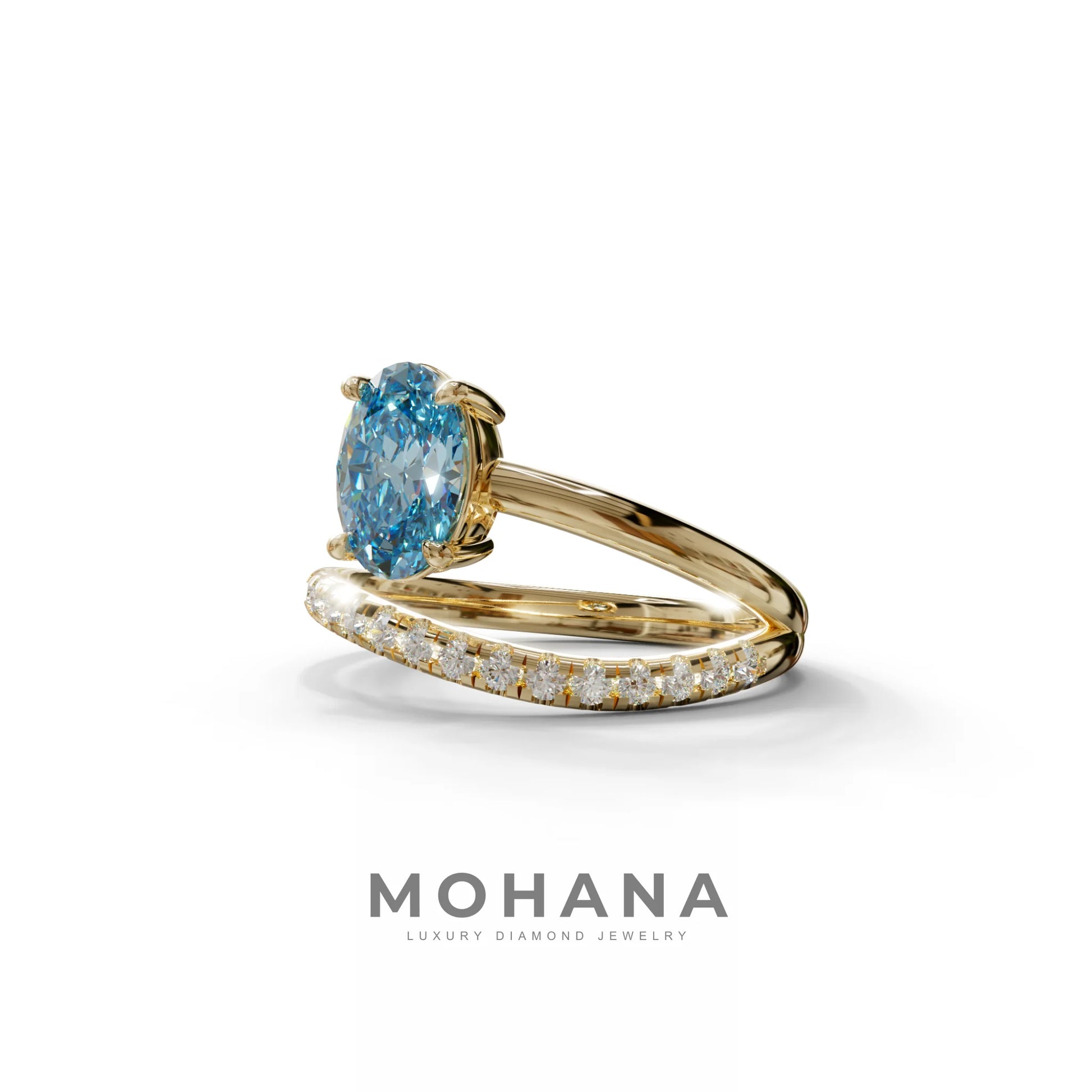 1.5 Carat S-Curve Blue Oval Diamond Pave-set Diamond Ring - Bypass