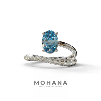 1.5 Carat S-Curve Blue Oval Diamond Pave-set Diamond Ring - Bypass - 10K Solid Gold / White Gold